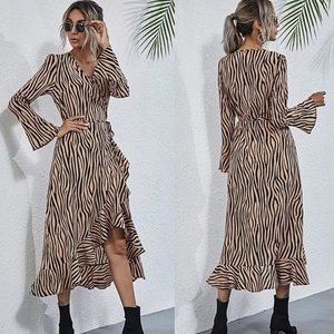 V-Neck Long Sleeve Striped Print Dress